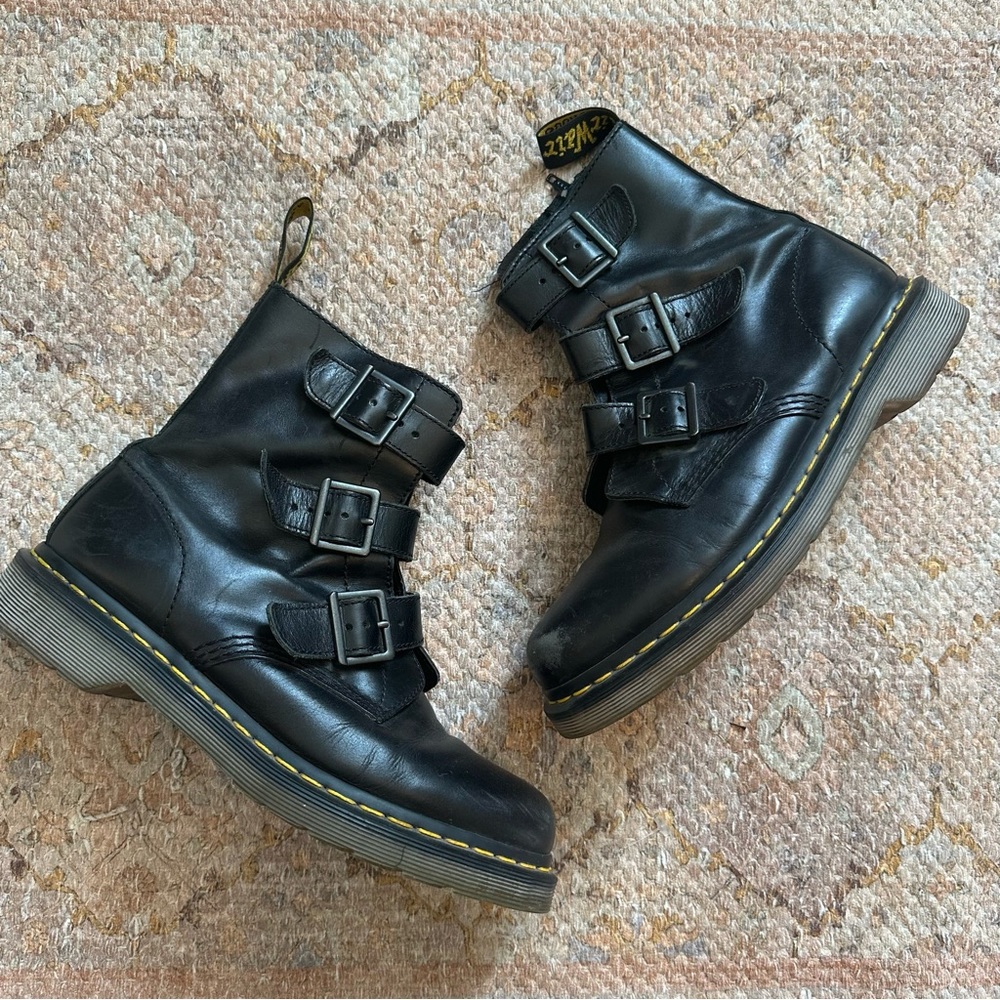 Rare Dr Martens Blake 3 Strap Buckle Leather Boots Black